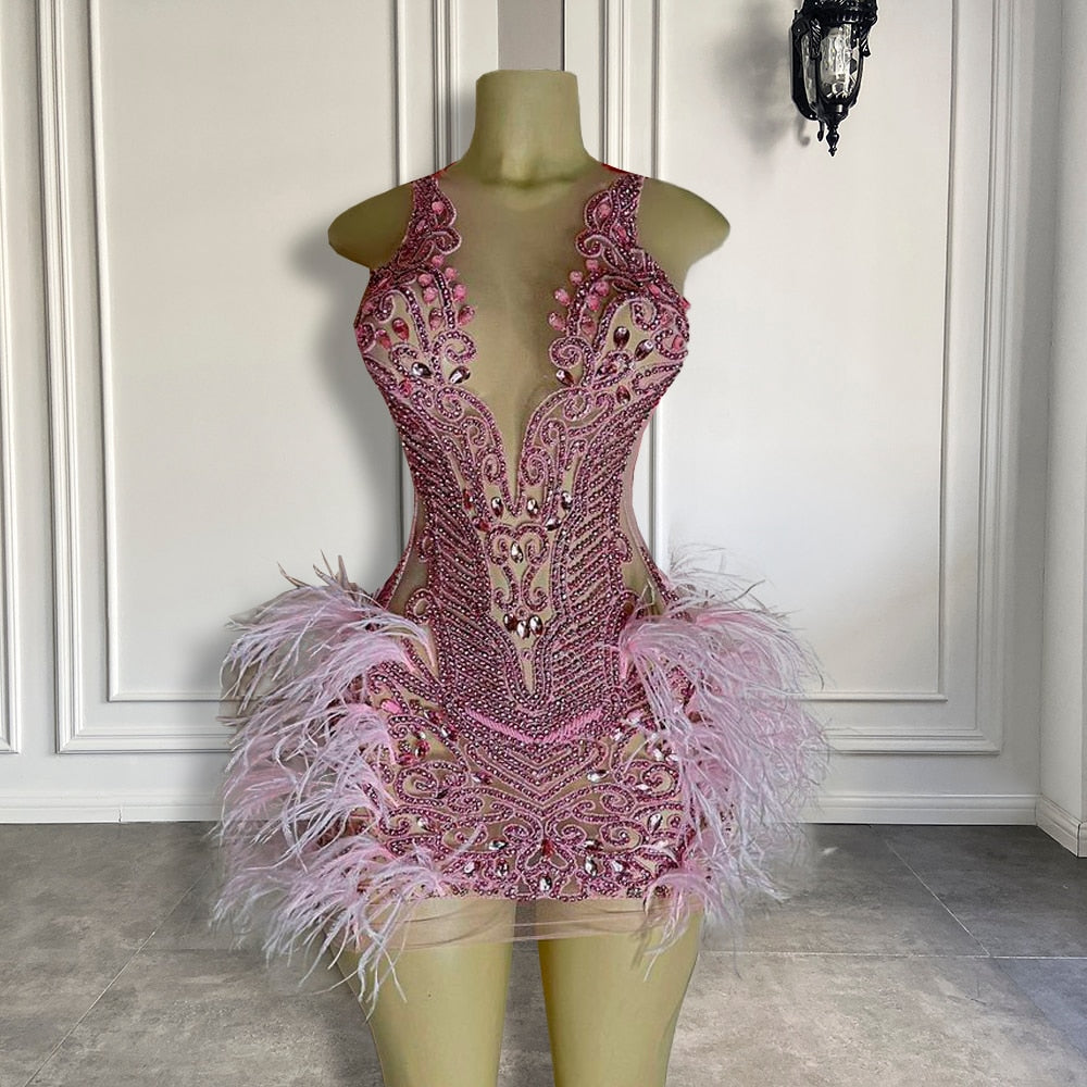 Luxury Sheer Crystal Feather Mini Dress