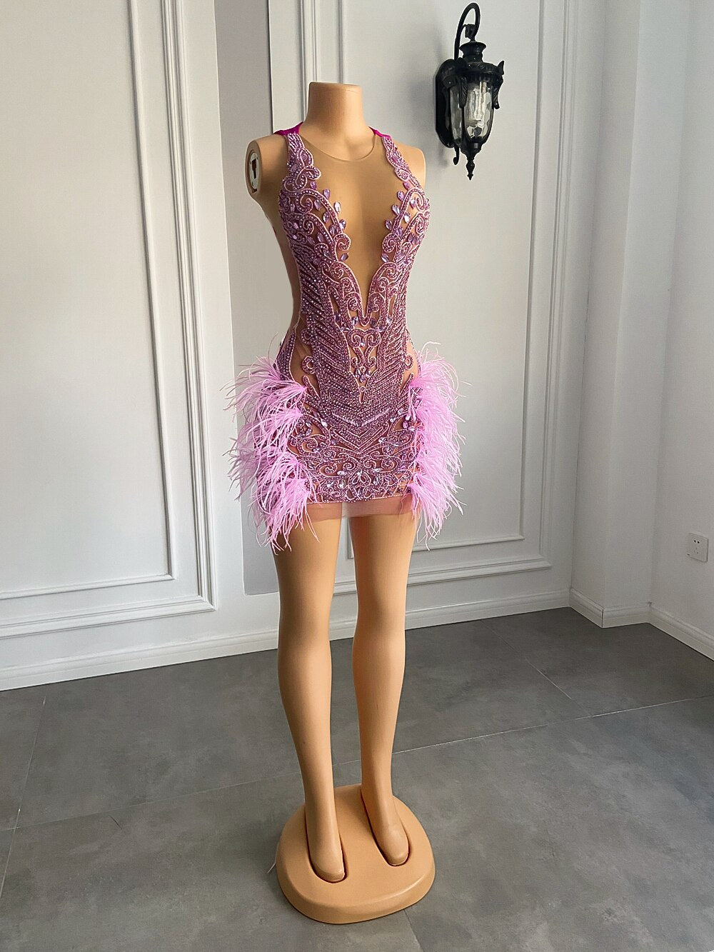 Luxury Sheer Crystal Feather Mini Dress