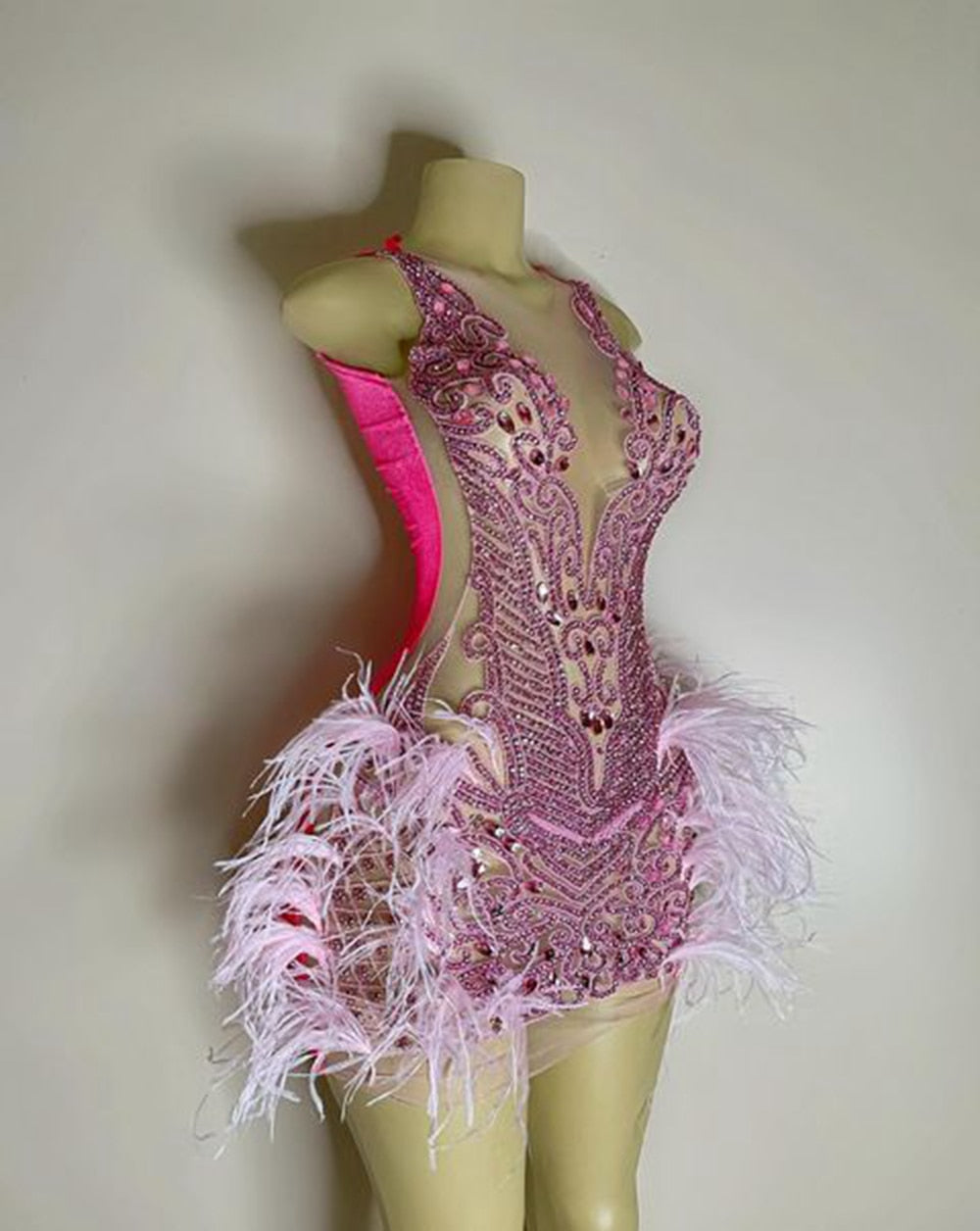 Luxury Sheer Crystal Feather Mini Dress