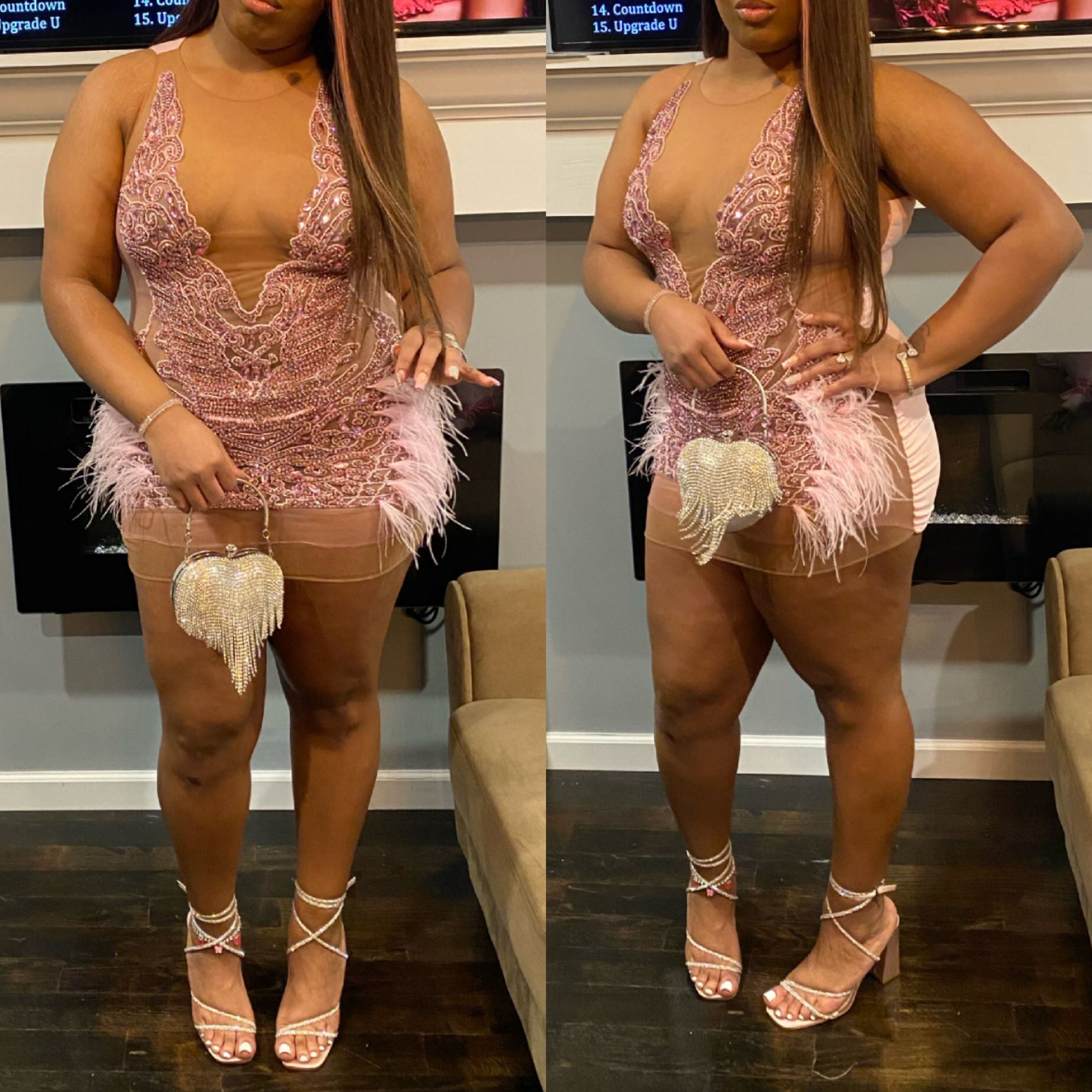 Luxury Sheer Crystal Feather Mini Dress