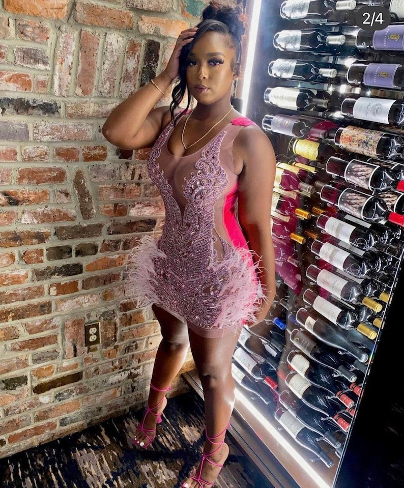 Luxury Sheer Crystal Feather Mini Dress