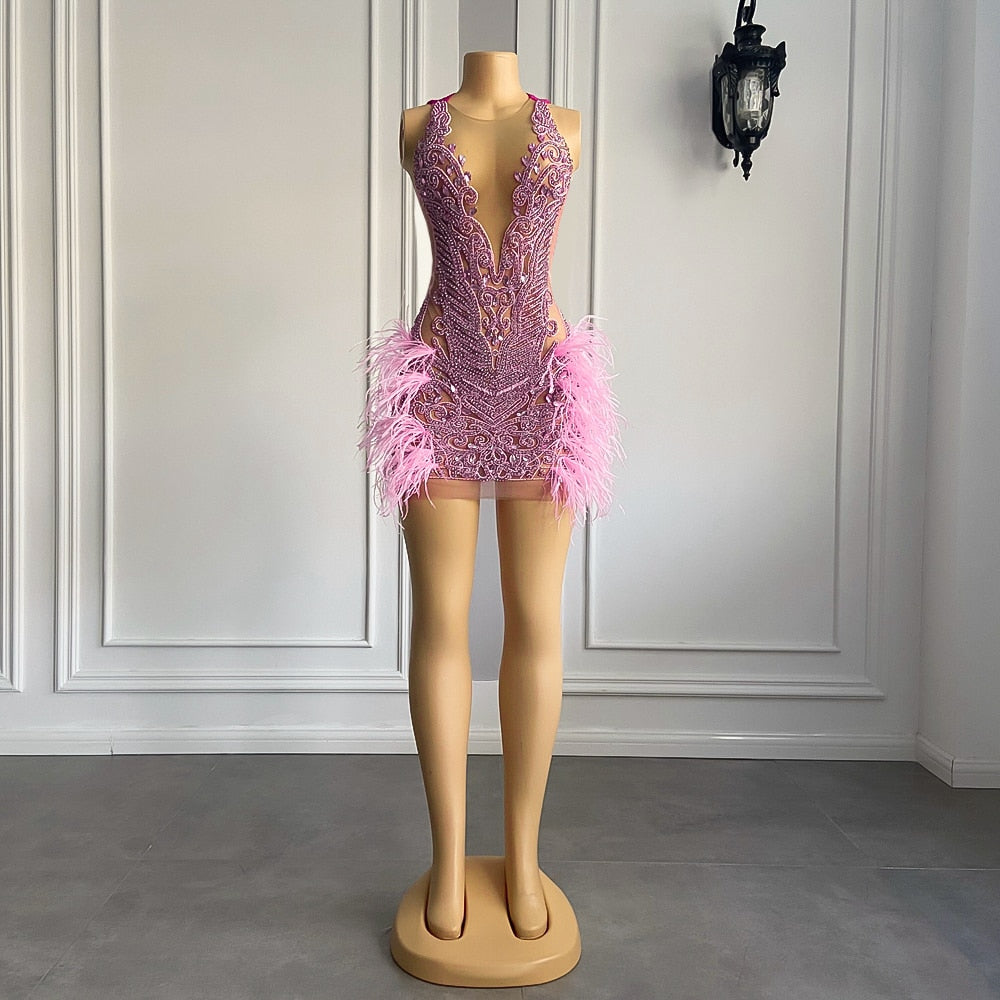 Luxury Sheer Crystal Feather Mini Dress