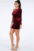 One Shoulder Velvet Dress - Burgundy