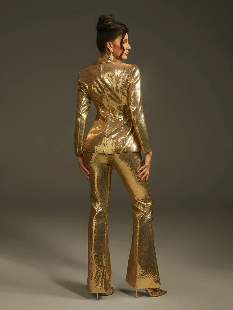 Luxury Gold Sequin Blazer Pants Set