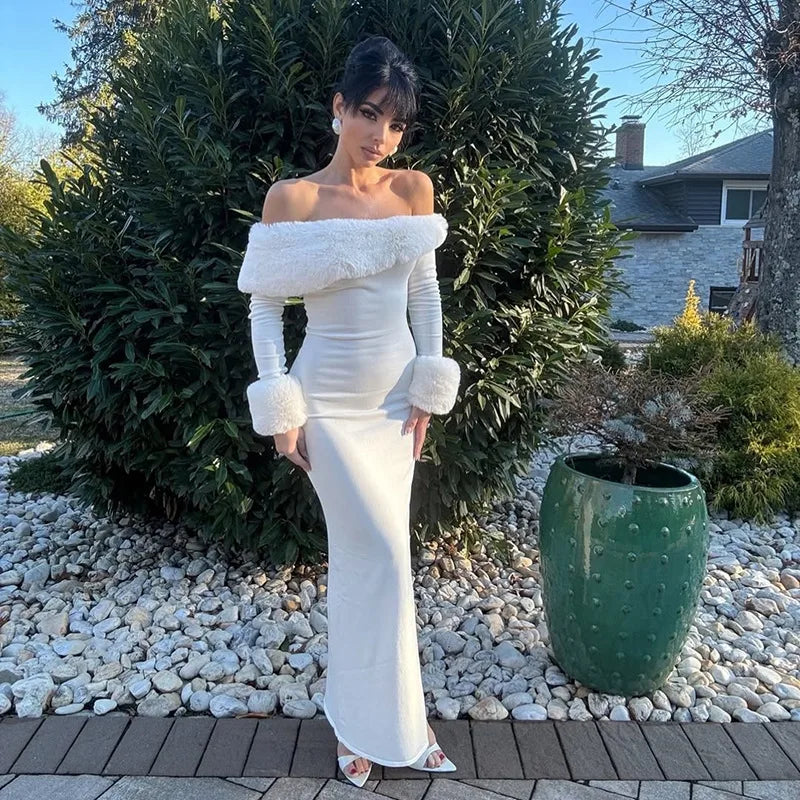 Fur Collar Off One Shoulder Bodycon Dress