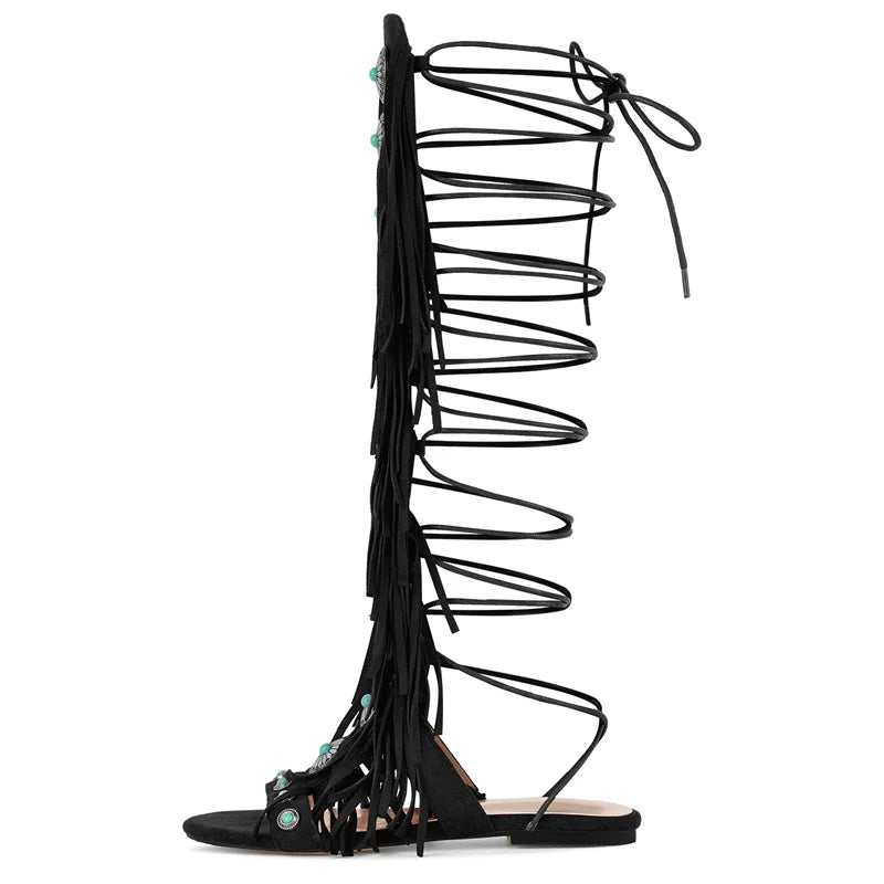 Lace Up Fringe Sandals