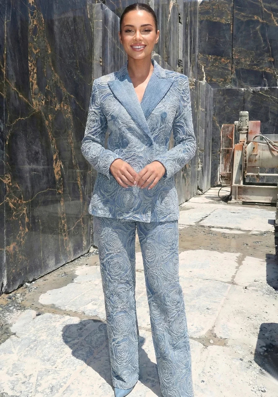 Blue Denim Blazer Pants Set