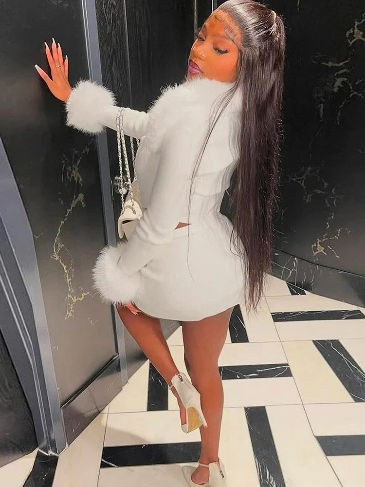 Fur Shawl Top Skirt Set
