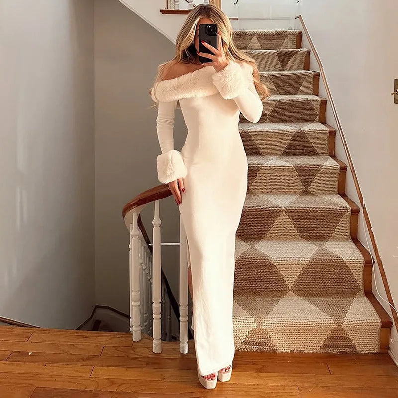 Fur Collar Off One Shoulder Bodycon Dress