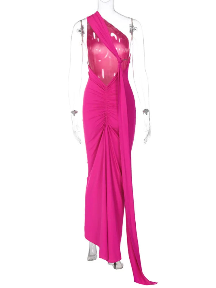 Oblique Backless Ruched Maxi Dress