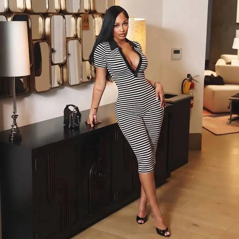 Deep V-Neck Striped Romper