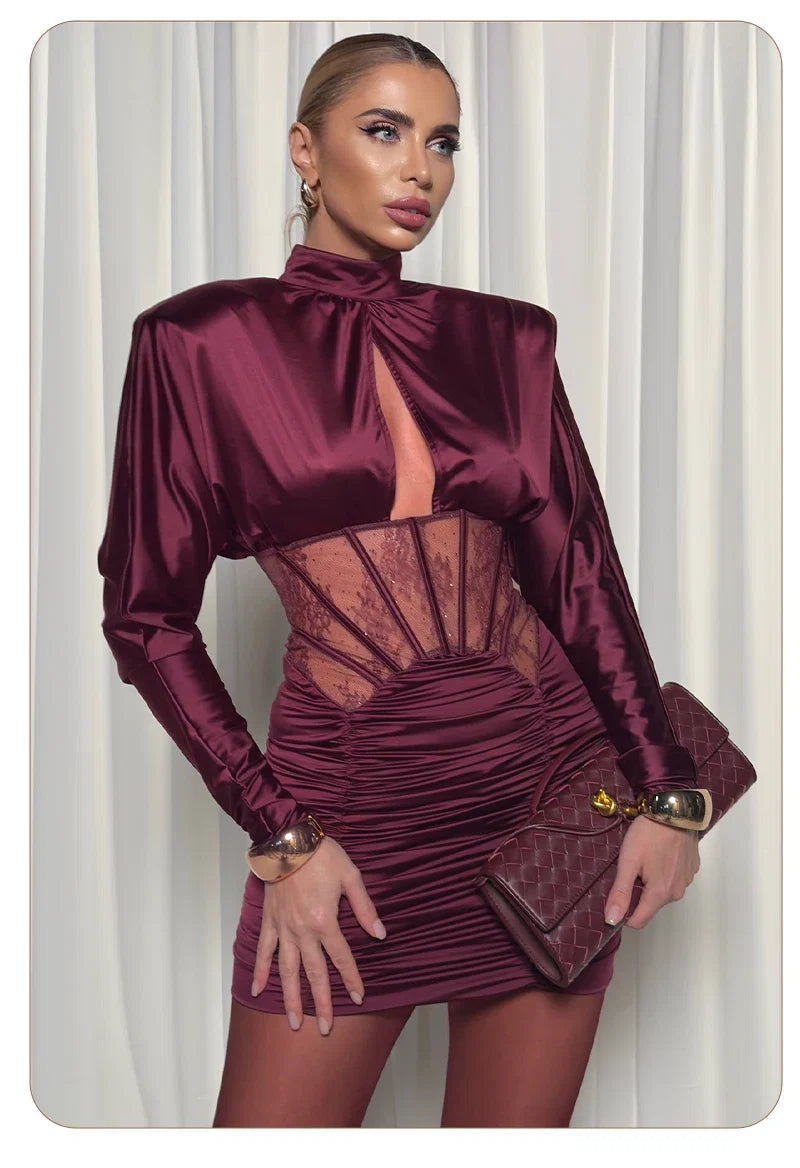 Burgundy Satin Corset Ruched Dress
