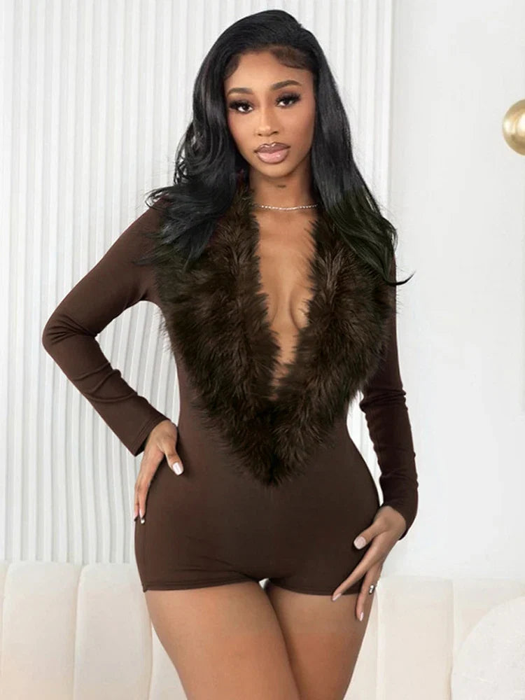 Luxe Fur Deep V-Collar Romper