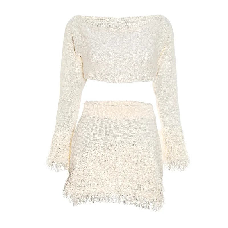 Knit Sweater Fringe Skirt Set