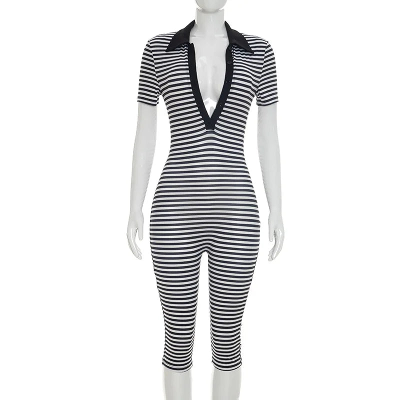 Deep V-Neck Striped Romper