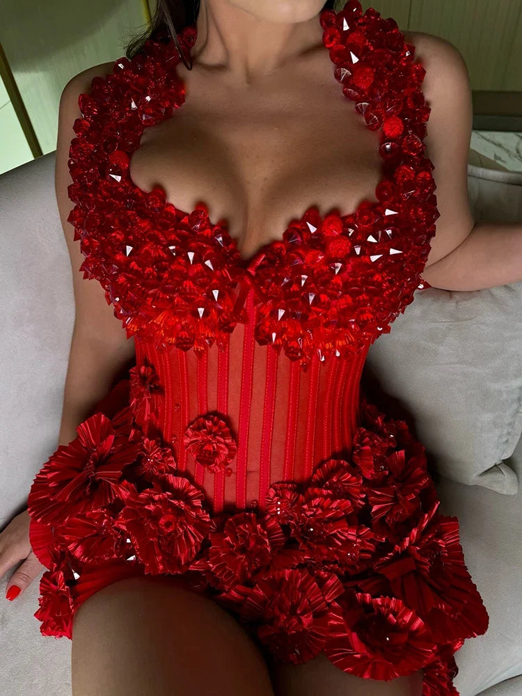 Floral Halter Sequins Mini Dress