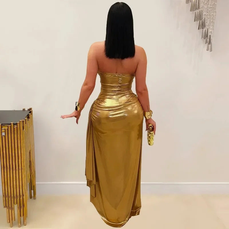 Gold Metallic Ruched Maxi Dress