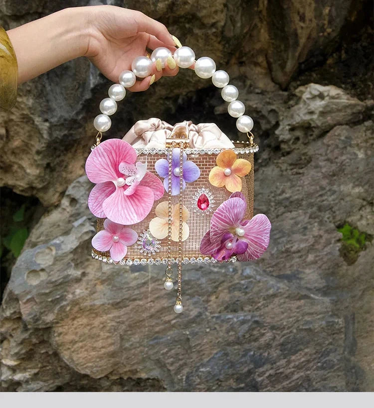 Flower Beaded Bucket Handbag