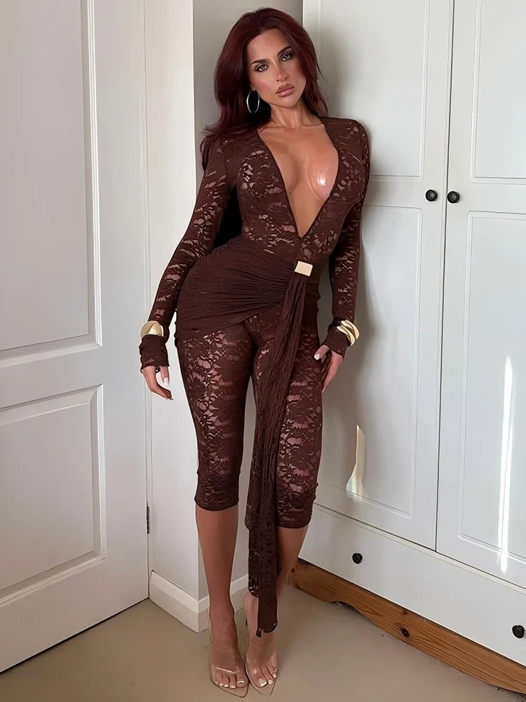 Lace Ruched Deep V-Neck Romper