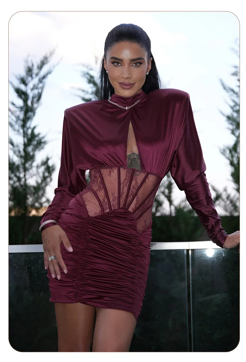 Burgundy Satin Corset Ruched Dress