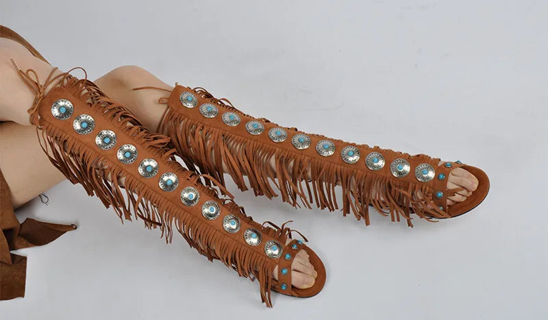 Lace Up Fringe Sandals