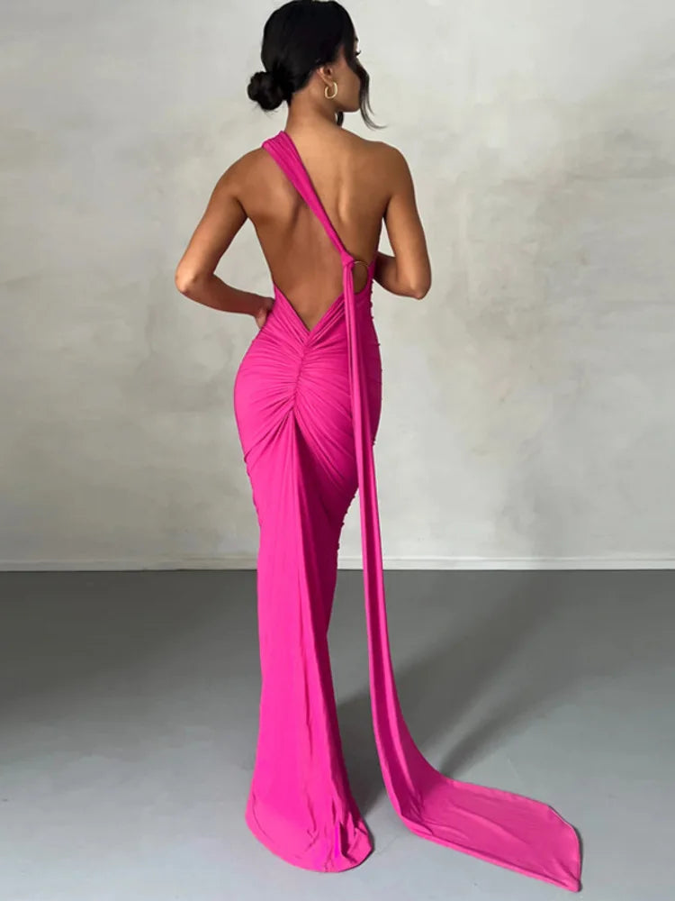 Oblique Backless Ruched Maxi Dress
