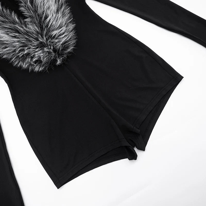 Luxe Fur Deep V-Collar Romper