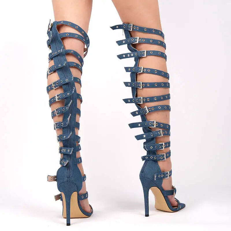 Denim Buckle Stiletto Boot Sandals