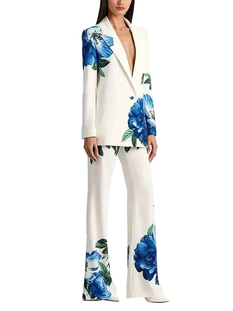 Flower Print Blazer Pants Set