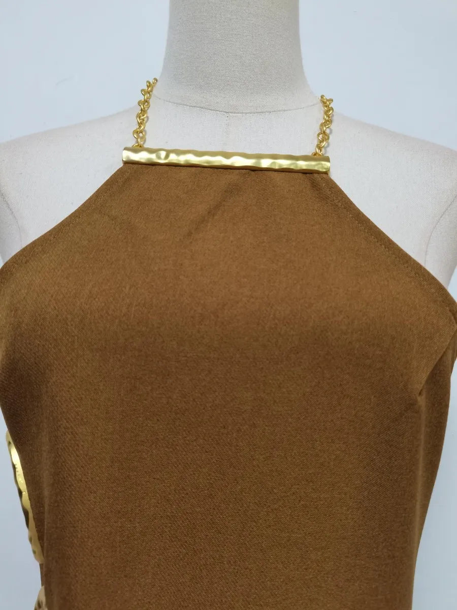 Gold Trim Cutout Knit Maxi Dress