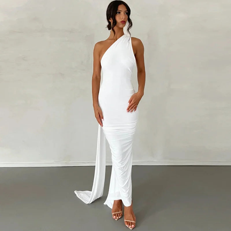Oblique Backless Ruched Maxi Dress