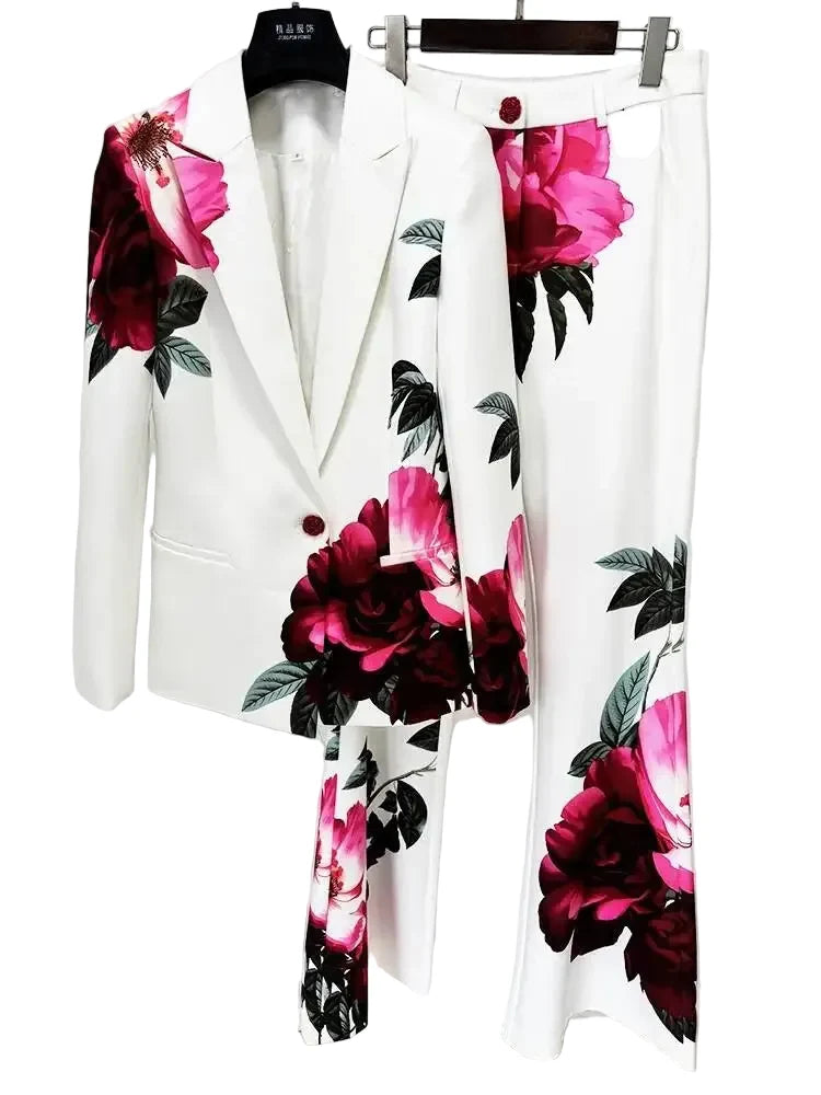 Flower Print Blazer Pants Set