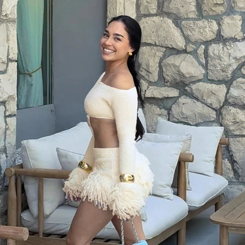 Knit Sweater Fringe Skirt Set