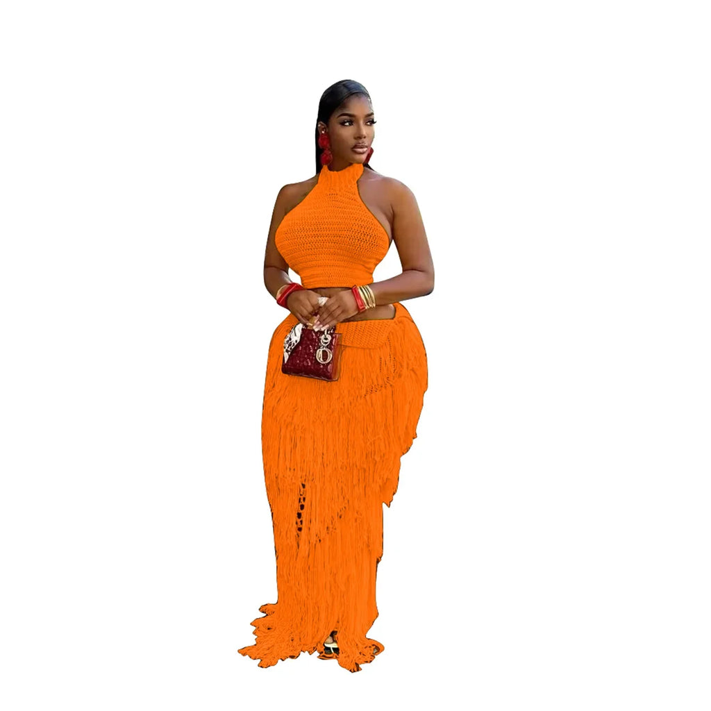 Olina Crochet Knit Tassel Skirt Set