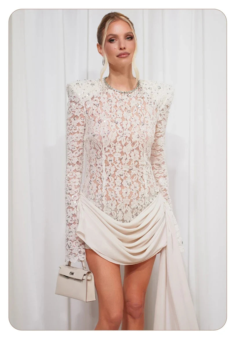 Opulent White Sequins Mini Dress