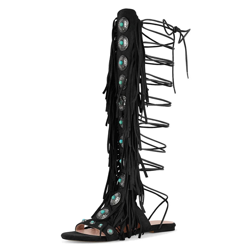 Lace Up Fringe Sandals