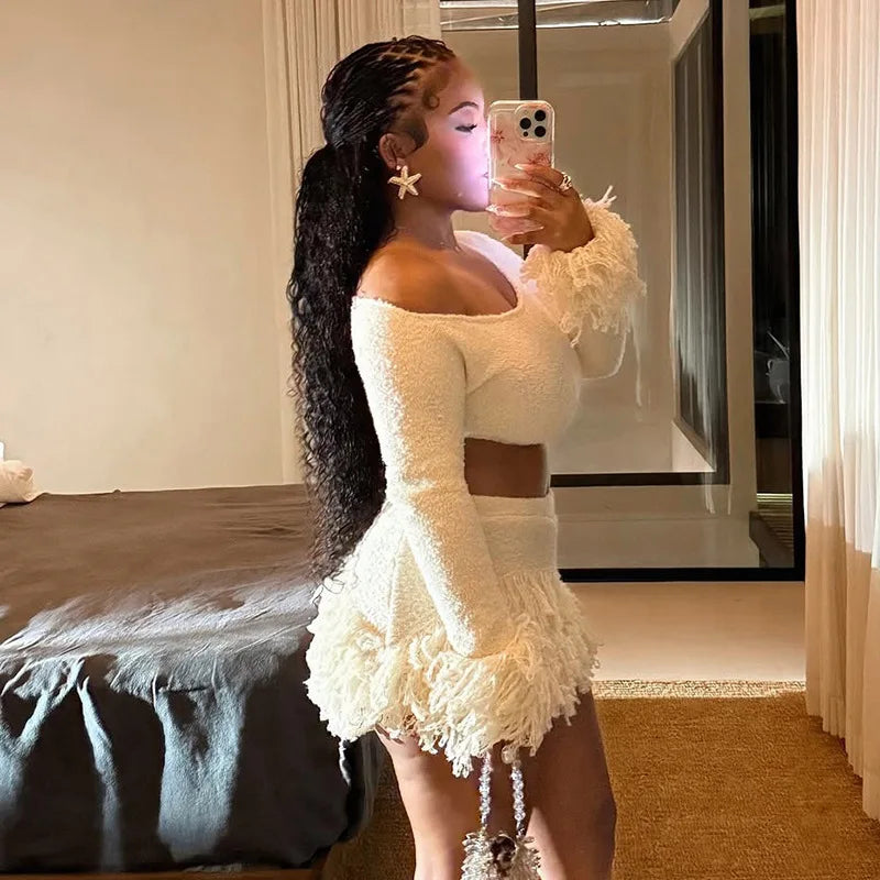 Knit Sweater Fringe Skirt Set
