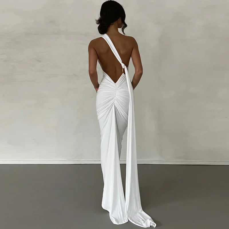 Oblique Backless Ruched Maxi Dress