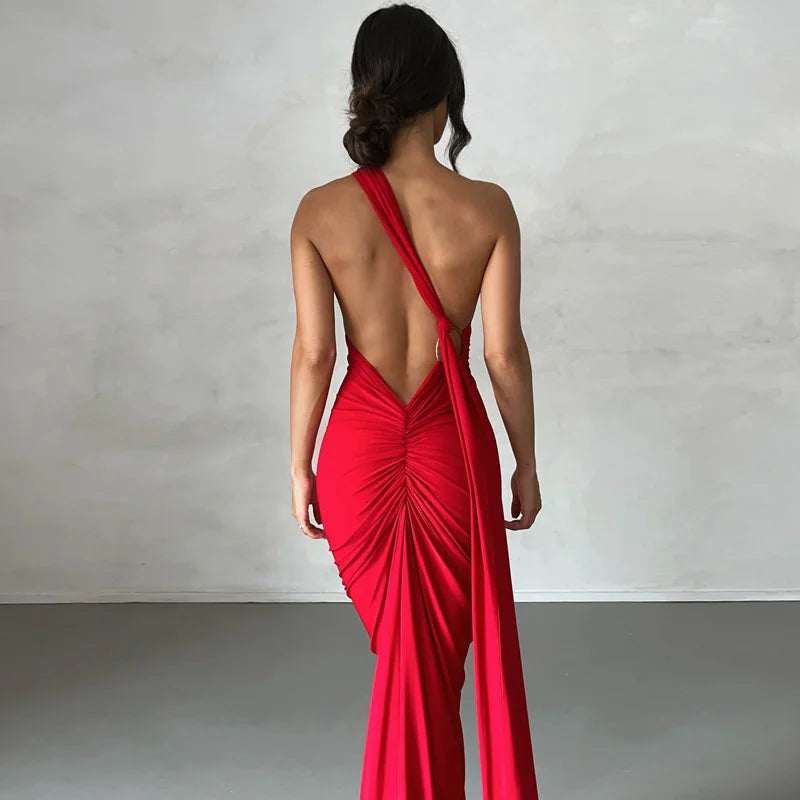 Oblique Backless Ruched Maxi Dress