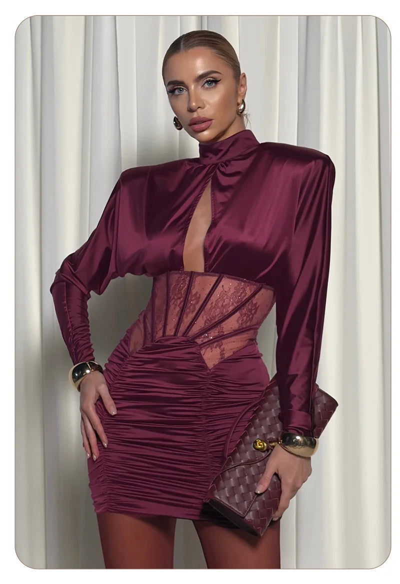 Burgundy Satin Corset Ruched Dress
