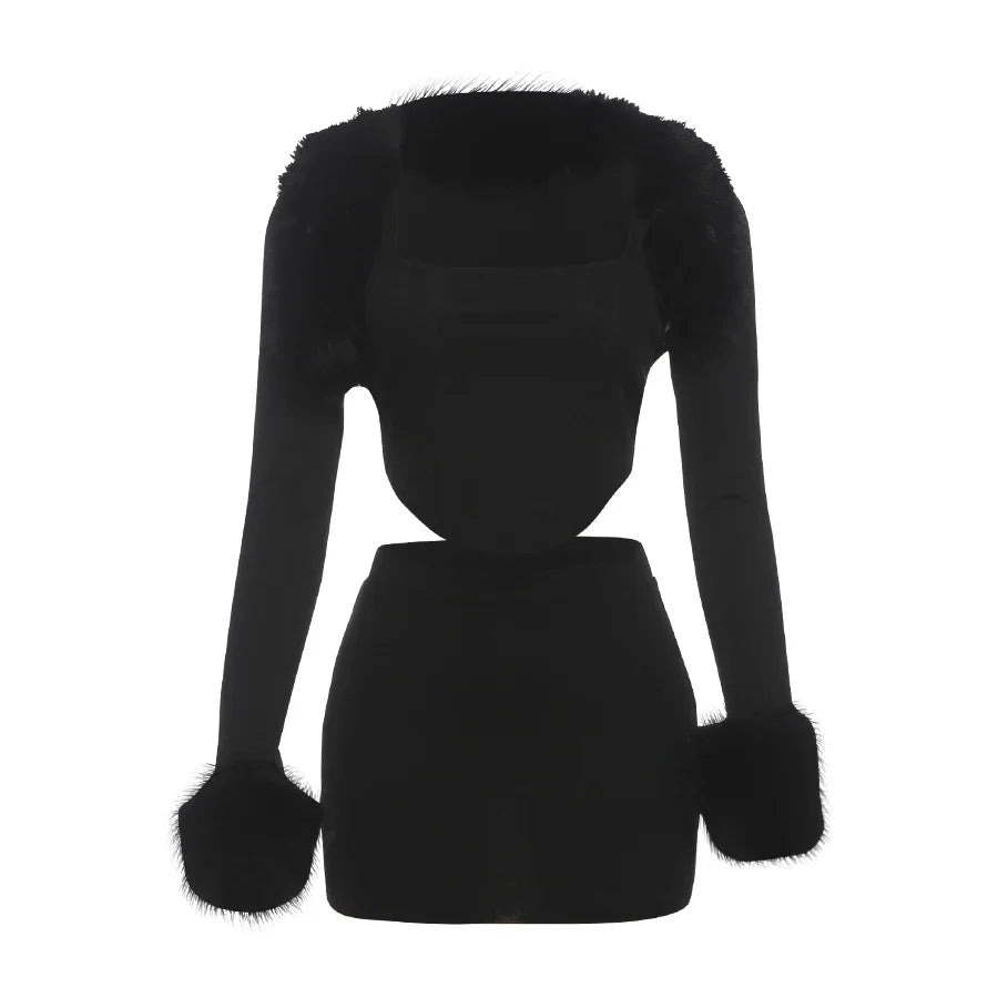 Fur Shawl Top Skirt Set