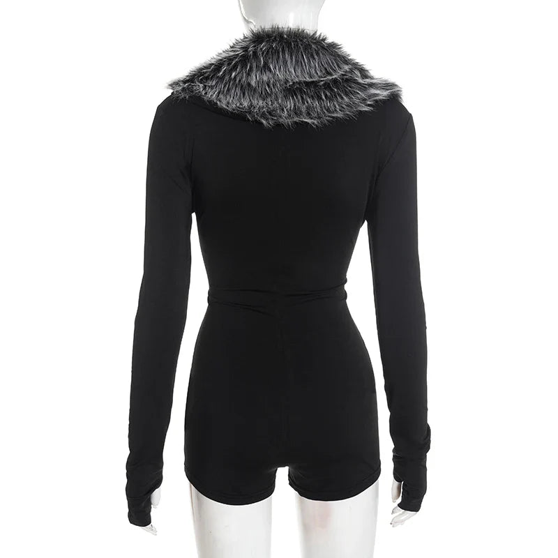 Luxe Fur Deep V-Collar Romper