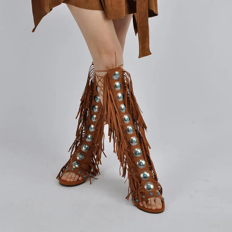 Lace Up Fringe Sandals