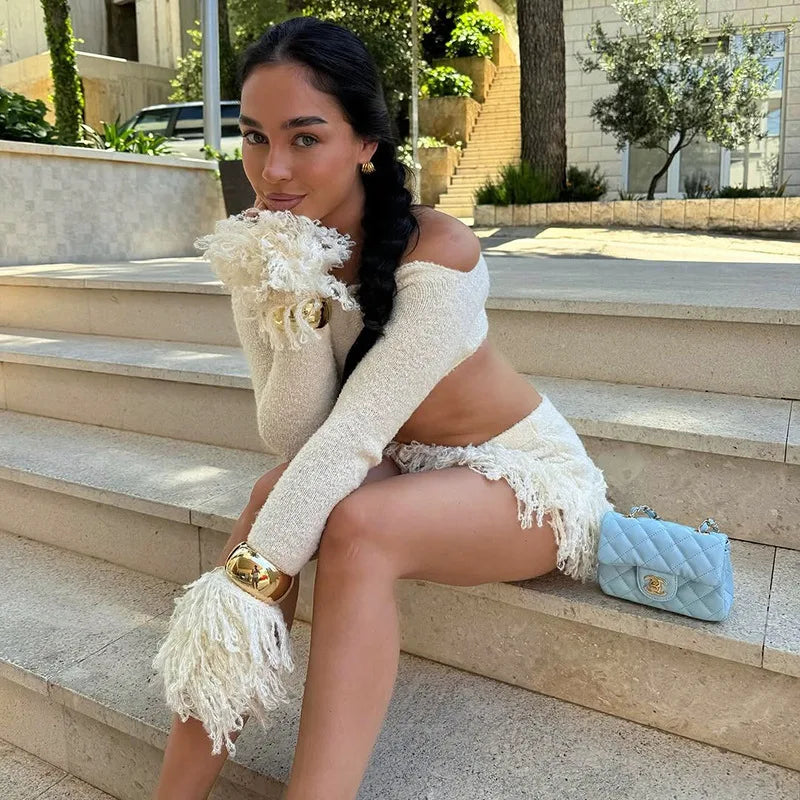 Knit Sweater Fringe Skirt Set