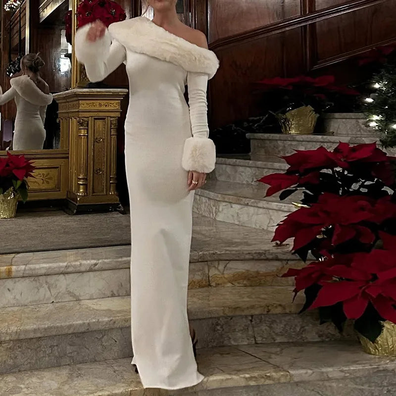 Fur Collar Off One Shoulder Bodycon Dress