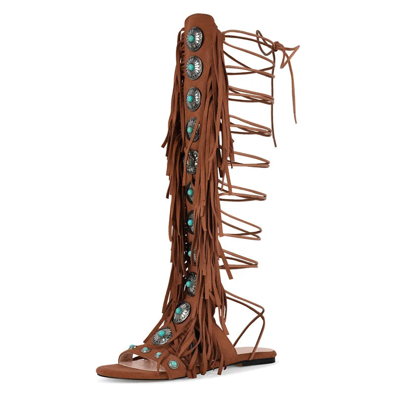Lace Up Fringe Sandals
