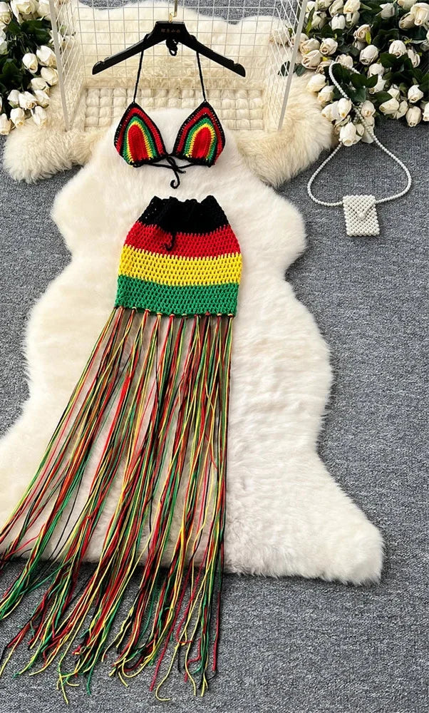 Jamaican Gyal Tassel Knitted Skirt Set
