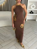 Gold Trim Cutout Knit Maxi Dress