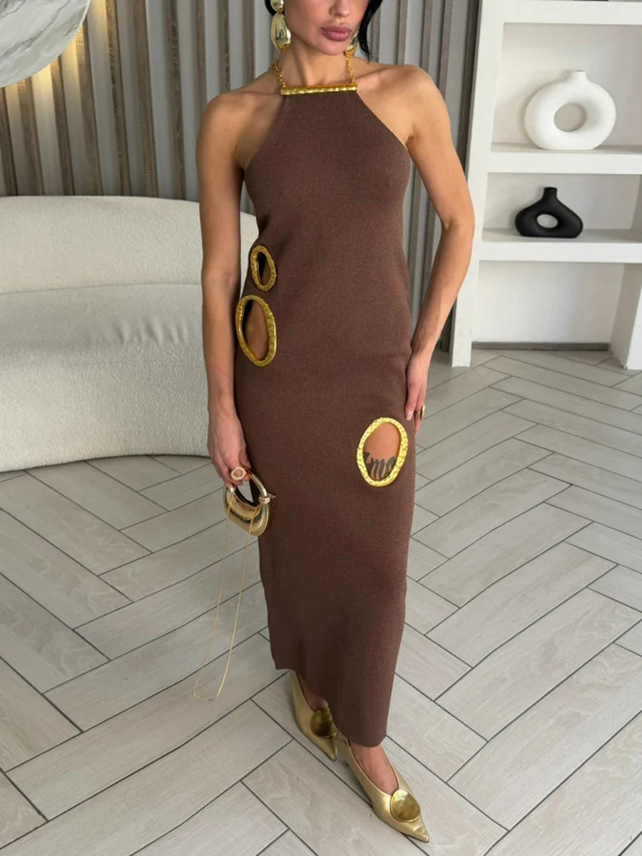 Gold Trim Cutout Knit Maxi Dress