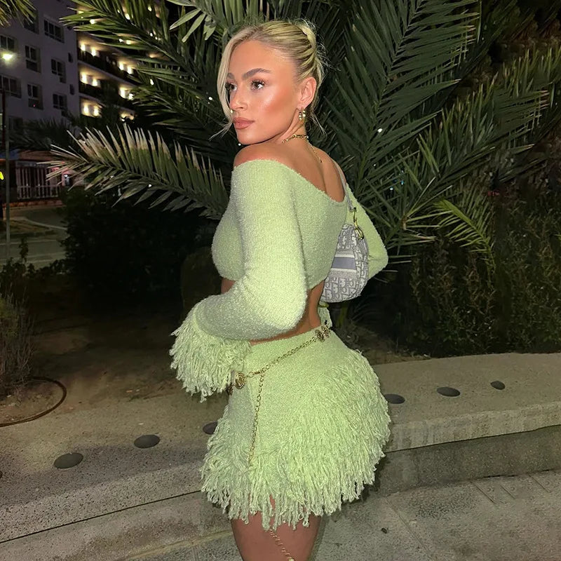 Knit Sweater Fringe Skirt Set